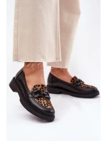 Skórzane Mokasyny Z Ozdobą I Panterką Laura Messi 2965 Czarne