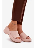 Eko Zamszowe Klapki Damskie Na Platformie I Koturnie Różowe Afisal