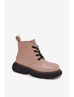 Ocieplane Botki Damskie Na Platformie Sznurowane Ciemnobeżowe Harmine