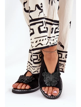 Sandały Damskie Na Płaskim Obcasie Z Ozdobą Czarne Setorina