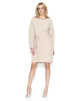 Dámske elegantné šaty s opaskom stredne dlhé béžovej - Béžová - Makadamové Dámske elegantné šaty s opaskom stredne dlhé béžovej - Béžová - Makadamové