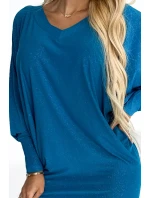 402-3 Netopierie šaty s výstrihom - morská farba s trblietkami