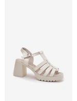 Lakierowane Skórzane Sandały Damskie Na Słupku Vinceza 66621 Jasnobeżowe