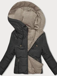 Obojstranná krátka bunda s kapucňou v čiernej a béžovej farbe (B8181-1046)