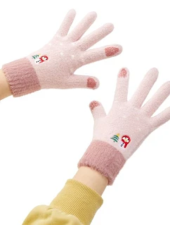 Dámske zimné rukavice so snehuliakom a vianočným stromčekom - ružové