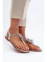 Płaskie Sandały Damskie Z Ozdobnym Kwiatkiem Srebrne Edoni Płaskie Sandały Damskie Z Ozdobnym Kwiatkiem Srebrne Edoni