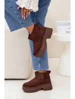 Śniegowce Damskie Niskie Wsuwane Ocieplane Futerkiem Brązowe Mavelle