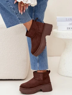 Śniegowce Damskie Niskie Wsuwane Ocieplane Futerkiem Brązowe Mavelle