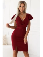 479-7 NINA elegantné šaty s obálkovým výstrihom, rukávmi a opaskom - Bordeaux