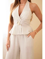 Dámsky viskózový komplet s uzlíkovým topom a širokými nohavicami béžovej farby Dámsky viskózový komplet s uzlíkovým topom a širokými nohavicami béžovej farby