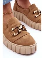 Zamszowe Półbuty Damskie Na Platformie Z Ozdobą Ciemnobeżowe Lewski 3398