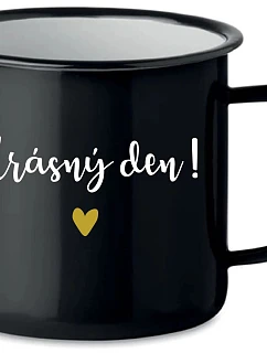 HRNČEK „KRÁSNY DEŇ!“ – čierny plechový hrnček 350 ml