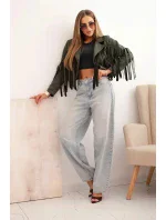Dámska semišová bunda so strapcami khaki