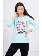 Blúzka s 3D grafikou hodiniek v mätovej farbe