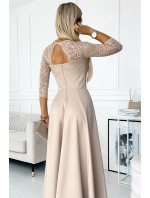 Elegantné dlhé šaty s čipkovým výstrihom Numoco AMBER - béžové
