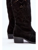 Zazoo 4043 Zamszowe Kozaki Na Niskim Obcasie Ażurowe Czarne