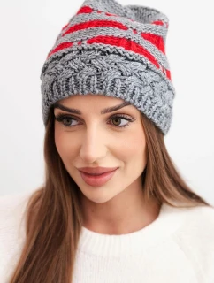 Dámska zimná čiapka z vlny v hrubom úplete a pruhoch K465 sivá + červená