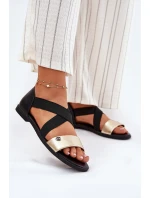 Sandały Damskie Płaskie Z Elastycznymi Paskami Czarno-Złote Marinea