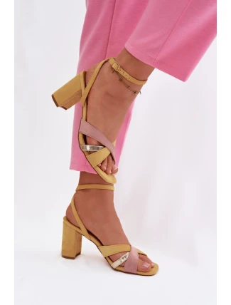 Dámské sandály na podpatku s pásky Eko semiš žluté Karilora