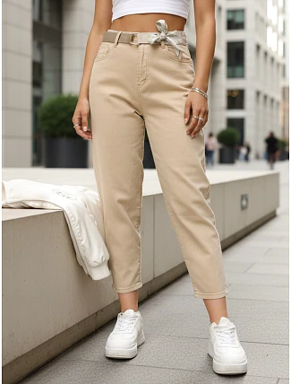 Dámske džínsy s vysokým pásom mom fit béžová FashionStreet UY2936 Dámske džínsy s vysokým pásom mom fit béžová FashionStreet UY2936