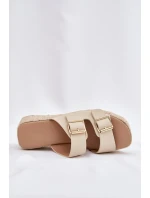 Klapki Damskie Na Koturnie Z Plecionką I Klamrami Beżowe Pasinea