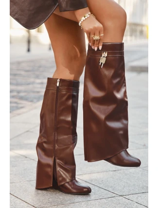 Dámske čižmy na platforme s opaskom a striebornými detailmi 033 Brown - Korivelle Dámske čižmy na platforme s opaskom a striebornými detailmi 033 Brown - Korivelle