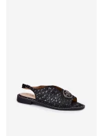 Skórzane Sandały Na Płaskim Obcasie Z Ozdobą S.Barski KV51-094 Czarne