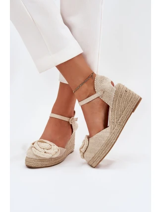 Damskie Sandały Na Koturnie Z Plecionką I Szydełkowym Kwiatem Beżowe Ismilea