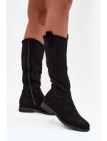 Kozaki Damskie Ażurowe Na Płaskim Obcasie S.Barski HY52-534 Czarne