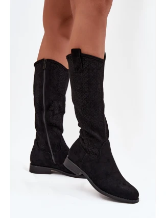 Kozaki Damskie Ażurowe Na Płaskim Obcasie S.Barski HY52-534 Czarne