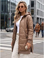 Dlhá dámska prešívaná bunda s kapucňou v kamelovej farbe, FashionStreet TY5811 Dlhá dámska prešívaná bunda s kapucňou v kamelovej farbe, FashionStreet TY5811