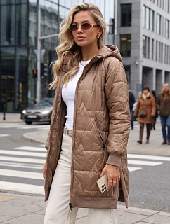 Dlhá dámska prešívaná bunda s kapucňou v kamelovej farbe, FashionStreet TY5811