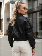 Dámska bunda z ekokože s rebrovaným lemom a golierom čierna FashionStreet TY5646 Dámska bunda z ekokože s rebrovaným lemom a golierom čierna FashionStreet TY5646