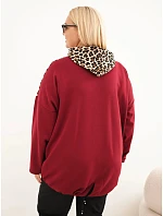 Dámska mikina Plus Size z viskózy s kapucňou a vložkami s leopardím vzorom, bordó-červená Dámska mikina Plus Size z viskózy s kapucňou a vložkami s leopardím vzorom, bordó-červená