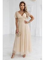 635-9 MELANIA dlhé trblietavé svadobné šaty s výstrihom a krátkymi rukávmi - béžové 635-9 MELANIA dlhé trblietavé svadobné šaty s výstrihom a krátkymi rukávmi - béžové