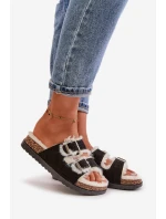 Damskie Kapcie Klapki Z Klamrami I Futerkiem Czarne Ezilena