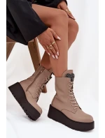Skórzane Botki Damskie Z Ozdobą Ocieplane Beżowe Ulrika