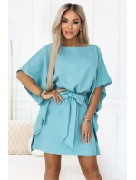 287-40 SOFIA Motýlie šaty so zaväzovaním v páse - pastelovo tyrkysové