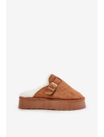 Kapcie Damskie Na Grubej Podeszwie Z Futerkiem I Klamrą Camel Linneola