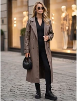 Dlhý dámsky dvojradový kabát s opaskom v farbe taupe, FashionStreet NY0779