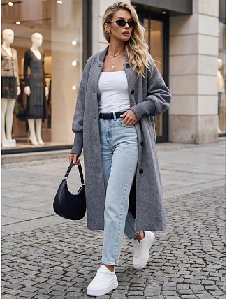 Dlhý dámsky kabát s gombíkmi, modrý, FashionStreet NY0776 Dlhý dámsky kabát s gombíkmi, modrý, FashionStreet NY0776