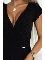 411-12 CRYSTAL lesklé dlhé šaty s výstrihom - BLACK