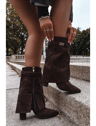 Ocieplane Botki Damskie Na Słupku Z Ozdobnym Paskiem Czekoladowe Luvielle