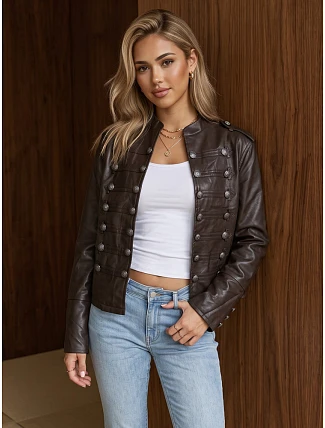 Dámska kožená bunda Napoleonka, hnedá, FashionStreet TY6042 Dámska kožená bunda Napoleonka, hnedá, FashionStreet TY6042