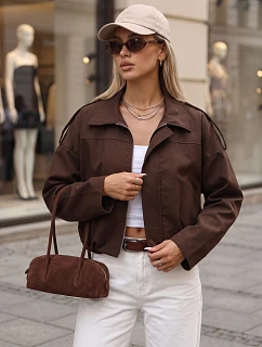 Krátka dámska prechodová látková bunda, hnedá, FashionStreet TY5956