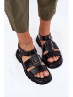 Skórzane Sandały Damskie Lakierowane Z Ozdobnym Detalem Artiker 56C0691 Czarne