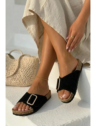 Kožené semišové dámské pantofle s přezkou černé Beryl