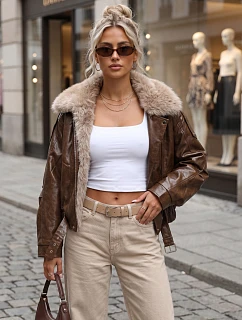 Dámska zimná bunda z ekokože s kožušinou, hnedá, FashionStreet TY5708