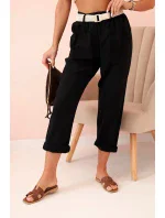 Dámske ľanové nohavice s bavlnou a opaskom čierne