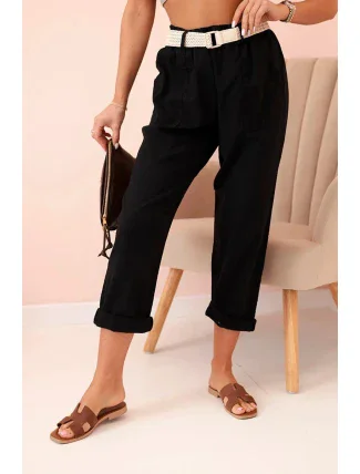 Dámske ľanové nohavice s bavlnou a opaskom čierne